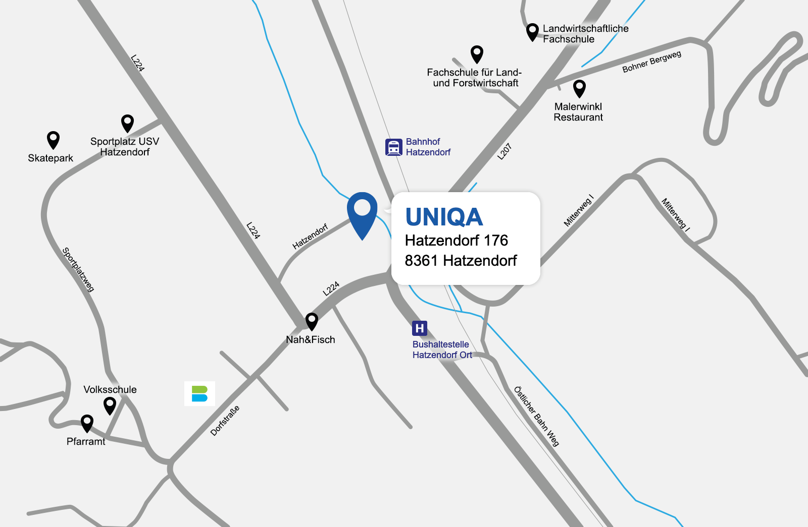 Eine detaillierte gezeichnete Karte der UNIQA Generalagentur Hatzendorf
